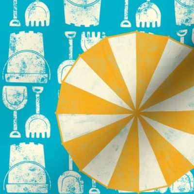 Beach toys and sun umbrellas - off white and warm yellow on turquoise background - Large