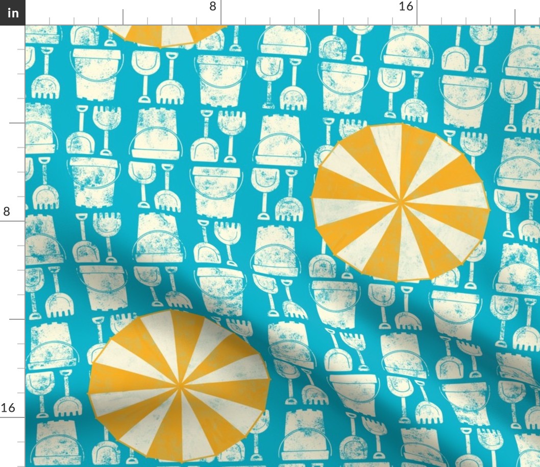 Beach toys and sun umbrellas - off white and warm yellow on turquoise background - Large