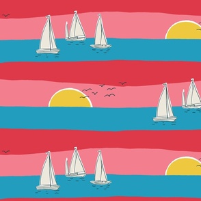 (L) Sunset Sailing - sail boats on the sea with seagulls - blue pink and red
