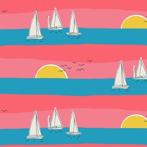 (L) Sunset Sailing - sail boats on the sea with seagulls - pink and blue