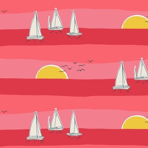 (L) Sunset Sailing - sail boats on the sea with seagulls - pink and red