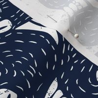 large block printed sea fish  white on navy 041e41 by art for joy lesja saramakova gajdosikova design