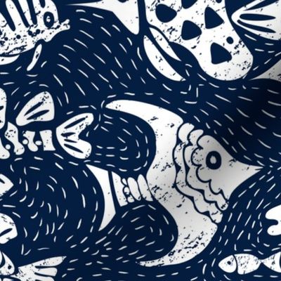 large block printed sea fish  white on navy 041e41 by art for joy lesja saramakova gajdosikova design