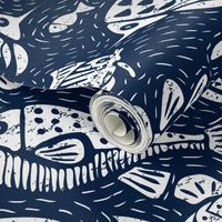 large block printed sea fish  white on navy 041e41 by art for joy lesja saramakova gajdosikova design
