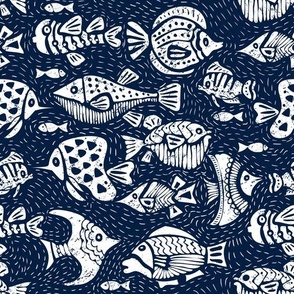 medium block printed sea fish  white on navy 041e41 by art for joy lesja saramakova gajdosikova design