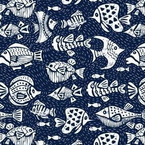 small block printed sea fish  white on navy 041e41 by art for joy lesja saramakova gajdosikova design