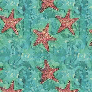 Batik Peach Starfish on Teal Ocean