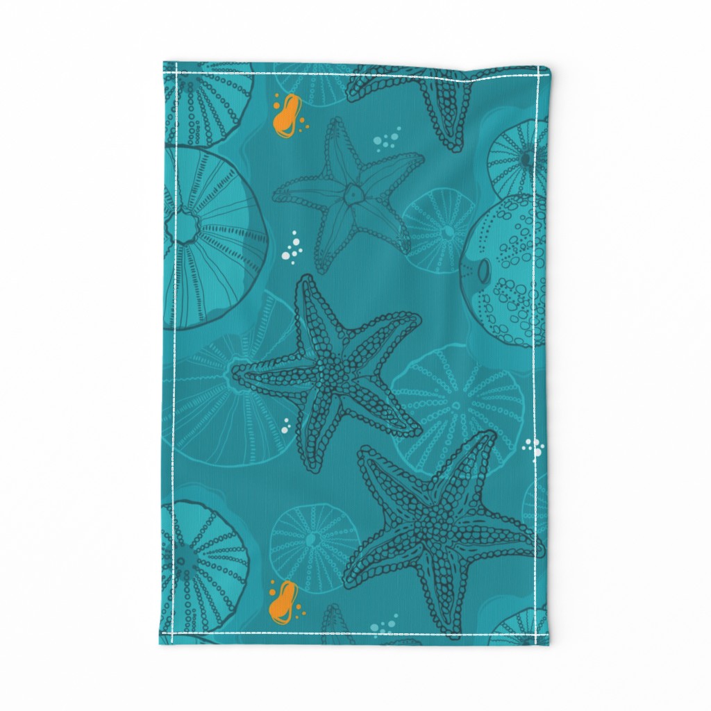 Starfish Seashells Ocean Blue Teal Monochromatic Pattern