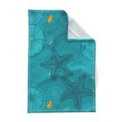 Starfish Seashells Ocean Blue Teal Monochromatic Pattern