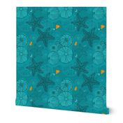 Starfish Seashells Ocean Blue Teal Monochromatic Pattern