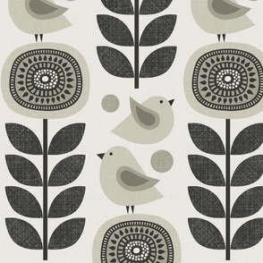 retro flowers and birds - beige / black (large scale)
