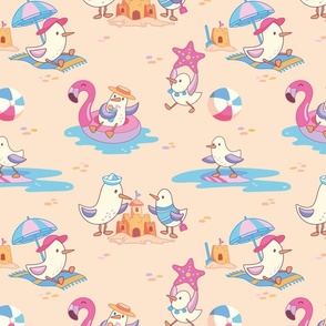 (L) Playful Seagulls Family on the Beach - beige pink blue - cute summer print