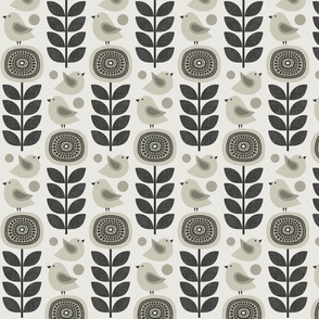 retro flowers and birds - beige / black (small scale)
