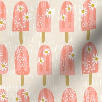 (Small) Textured peachy melon pink Popsicles decorated with edible daisies and elderflowers, sprinkles