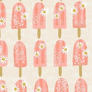 (Small) Textured peachy melon pink Popsicles decorated with edible daisies and elderflowers, sprinkles