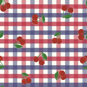 Large cherry gingham - red cherries on red white and blue gingham check - vicy check - checkerboard - cute vintage inspired summer picnic Buffalo check - Country checks - American - 4th of july