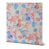 Painted Summer Seashells, Seahorses and Starfishes - Large Scale