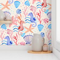 Painted Summer Seashells, Seahorses and Starfishes - Large Scale