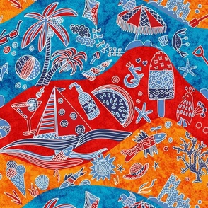 Summerly fun beach doodles on wavy batik background (L)