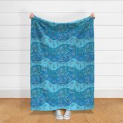 Summerly fun beach doodles on wavy blue background (L)