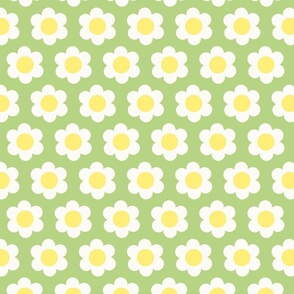 Small 60s Flower Power Daisy - yellow and white on Light Pastel Spring Green - retro floral - retro flowers - simple retro flower wallpaper - kitchy kitchen