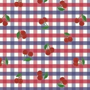 Extra Small cherry gingham - red cherries on red white and blue gingham check - vicy check - checkerboard - cute vintage inspired summer picnic Buffalo check - Country checks - American - 4th of july