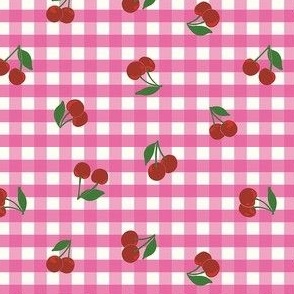 Extra Small cherry gingham - red cherries on Raspberry Pink and white gingham check - vicy check - checkerboard - cute vintage inspired summer picnic Buffalo check - Country checks - Gingang Genggang Jangjang - Shepherds check