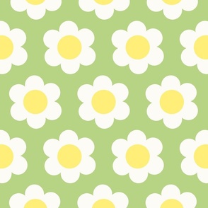 Medium 60s Flower Power Daisy - yellow and white on Light Pastel Spring Green - retro floral - retro flowers - simple retro flower wallpaper - kitchy kitchen