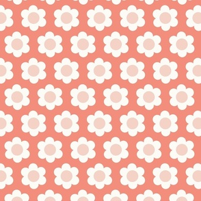 Small 60s Flower Power Daisy - shell pink and white on Peach Coral - retro floral - retro flowers - simple retro flower wallpaper - dusty pastel colors - neutral nursery - monochrome