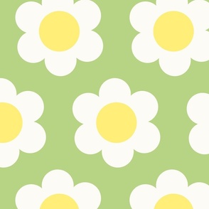 Large 60s Flower Power Daisy - yellow and white on Light Pastel Spring Green - retro floral - retro flowers - simple retro flower wallpaper - kitchy kitchen