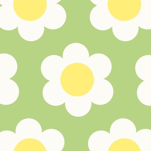 Jumbo 60s Flower Power Daisy - yellow and white on Light Pastel Spring Green - retro floral - retro flowers - simple retro flower wallpaper - kitchy kitchen