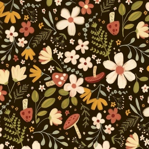 Whimsical Forest Flowers - Dark Brown (large)