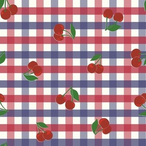 Small cherry gingham - red cherries on red white and blue gingham check - vicy check - checkerboard - cute vintage inspired summer picnic Buffalo check - Country checks - American - 4th of july