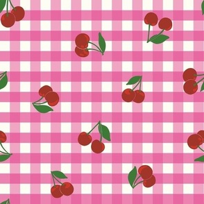 Small cherry gingham - red cherries on Raspberry Pink and white gingham check - vicy check - checkerboard - cute vintage inspired summer picnic Buffalo check - Country checks - Gingang Genggang Jangjang - Shepherds check