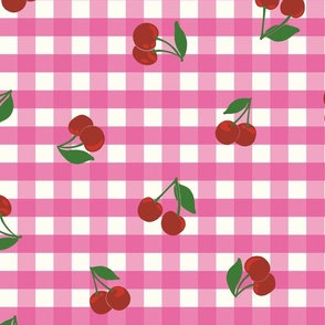 Medium cherry gingham - red cherries on Raspberry Pink and white gingham check - vicy check - checkerboard - cute vintage inspired summer picnic Buffalo check - Country checks - Gingang Genggang Jangjang - Shepherds check