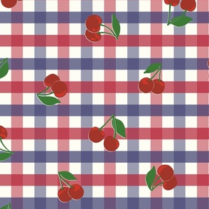 Medium cherry gingham - red cherries on red white and blue gingham check - vicy check - checkerboard - cute vintage inspired summer picnic Buffalo check - Country checks - American - 4th of july