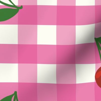 Large cherry gingham - red cherries on Raspberry Pink and white gingham check - vicy check - checkerboard - cute vintage inspired summer picnic Buffalo check - Country checks - Gingang Genggang Jangjang - Shepherds check