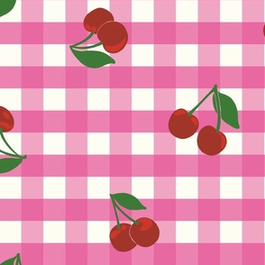 Large cherry gingham - red cherries on Raspberry Pink and white gingham check - vicy check - checkerboard - cute vintage inspired summer picnic Buffalo check - Country checks - Gingang Genggang Jangjang - Shepherds check
