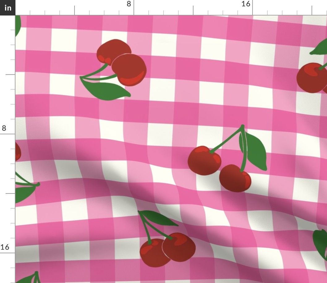 Large cherry gingham - red cherries on Raspberry Pink and white gingham check - vicy check - checkerboard - cute vintage inspired summer picnic Buffalo check - Country checks - Gingang Genggang Jangjang - Shepherds check