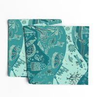 Summerly fun beach doodles on wavy teal background (L)