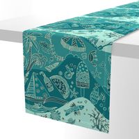 Summerly fun beach doodles on wavy teal background (L)
