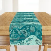 Summerly fun beach doodles on wavy teal background (L)