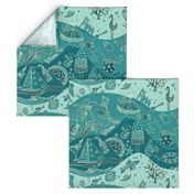 Summerly fun beach doodles on wavy teal background (L)