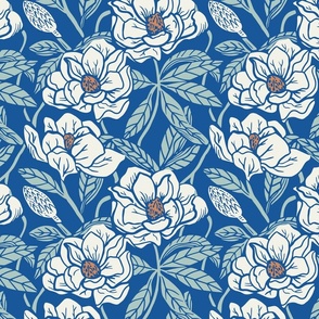 Block Print Magnolia, Large, Blue Multi