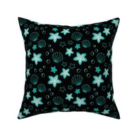 Starfish and Shells in Black and Teal–Large