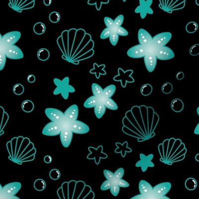 Starfish and Shells in Black and Teal–Large