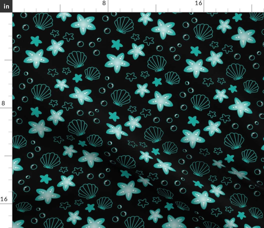 Starfish and Shells in Black and Teal–Large