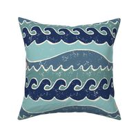 Playful Textured Ocean Waves with Jumping Coral Orange Fish