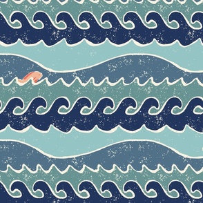 Playful Textured Ocean Waves with Jumping Coral Orange Fish