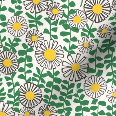 Vintage Daisies - Green and Yellow on Cream